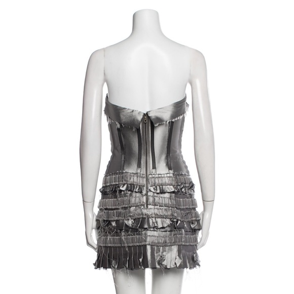 Giles Deacon Silver Metallic Silk Safety Pin Raw Hem Pleated Mini Dress - Picture 4 of 10